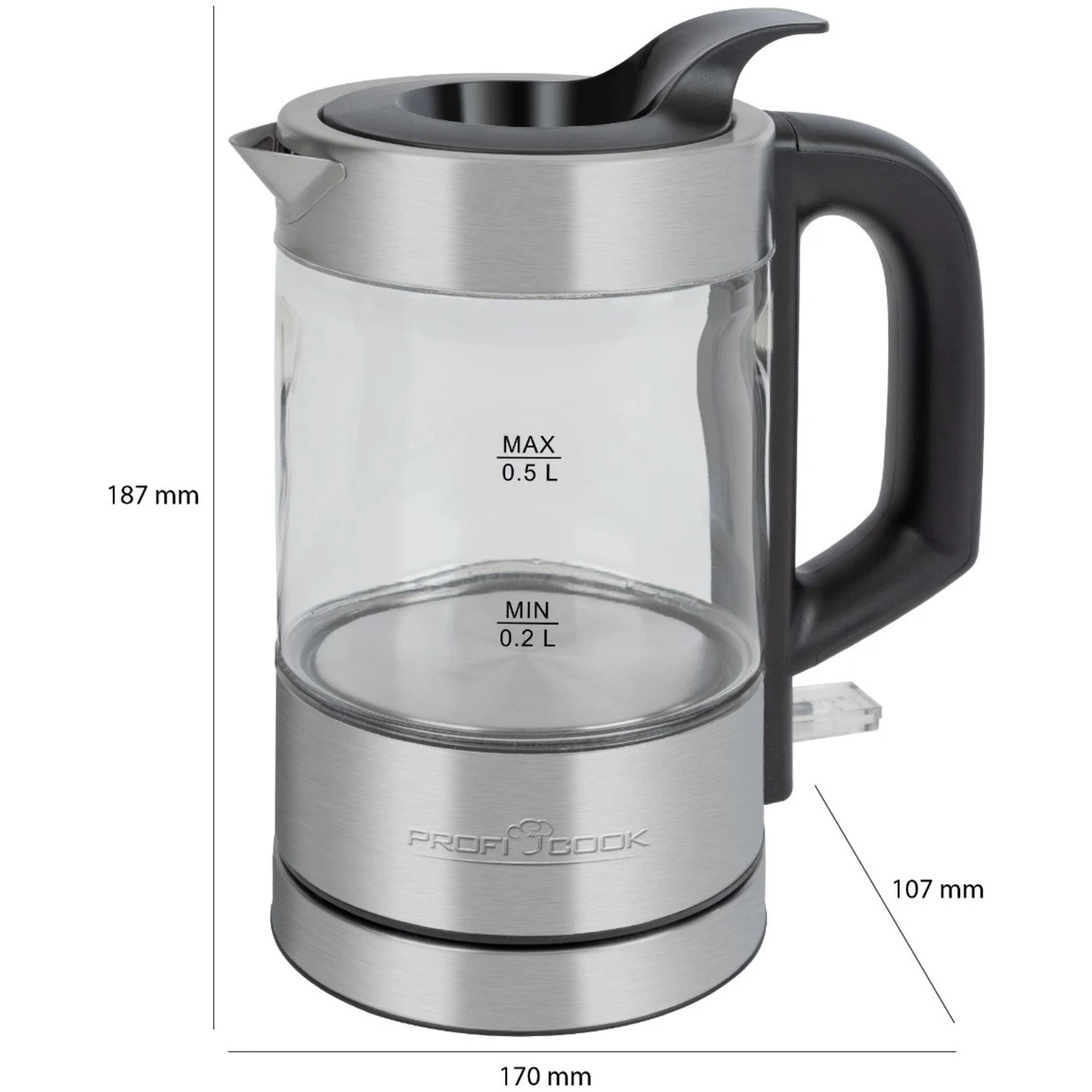 ProfiCook Glas-Wasserkochher PC-WKS 1228 G, Wasserkocher (edelstahl/schwarz, 0,5 Liter) 4 ProfiCook Glas-Wasserkochher PC-WKS 1228 G, Wasserkocher (edelstahl/schwarz, 0,5 Liter) – Bild 2